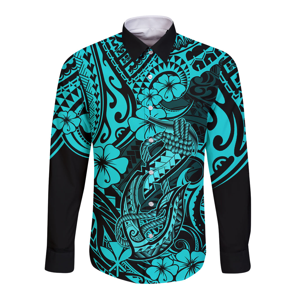Hawaii Fish Hook Long Sleeve Button Shirt Hibiscus Hawaii Tribal Tattoo Turquoise Version - Wonder Print Shop