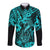 Hawaii Fish Hook Long Sleeve Button Shirt Hibiscus Hawaii Tribal Tattoo Turquoise Version - Wonder Print Shop