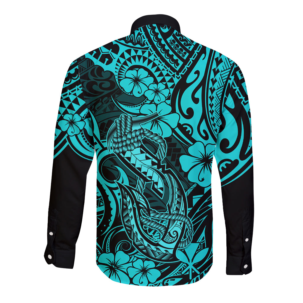 Hawaii Fish Hook Long Sleeve Button Shirt Hibiscus Hawaii Tribal Tattoo Turquoise Version - Wonder Print Shop