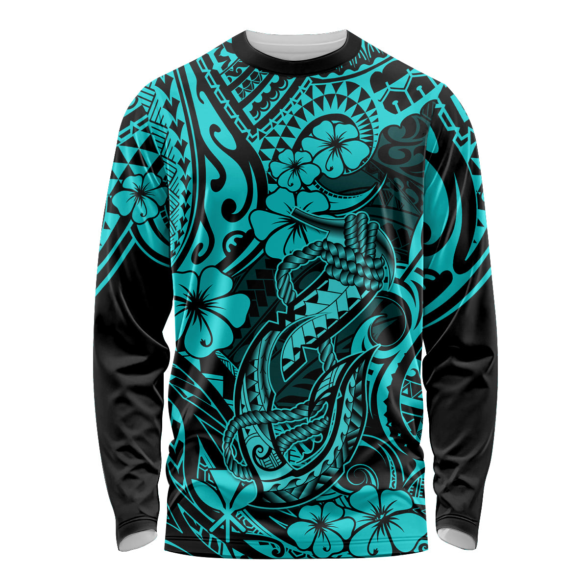 Hawaii Fish Hook Long Sleeve Shirt Hibiscus Hawaii Tribal Tattoo Turquoise Version - Wonder Print Shop