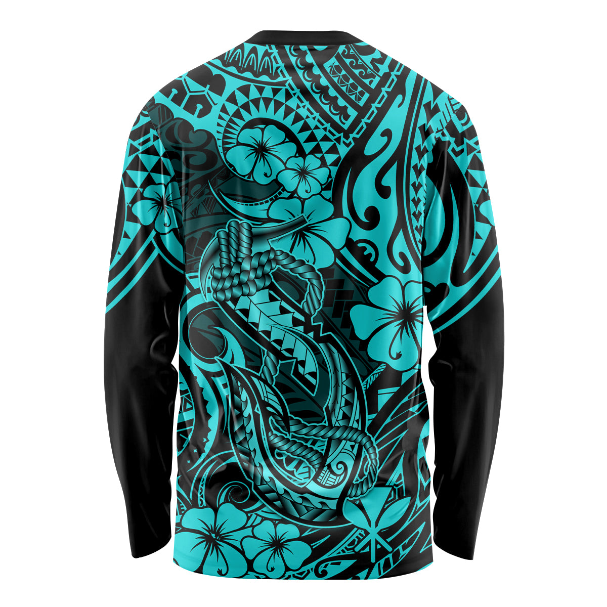 Hawaii Fish Hook Long Sleeve Shirt Hibiscus Hawaii Tribal Tattoo Turquoise Version - Wonder Print Shop