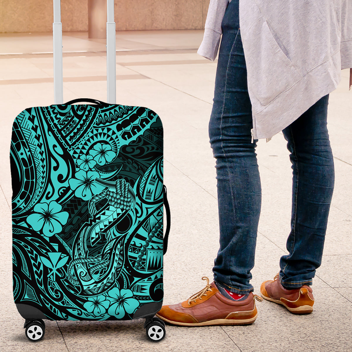 Hawaii Fish Hook Luggage Cover Hibiscus Hawaii Tribal Tattoo Turquoise Version - Wonder Print Shop
