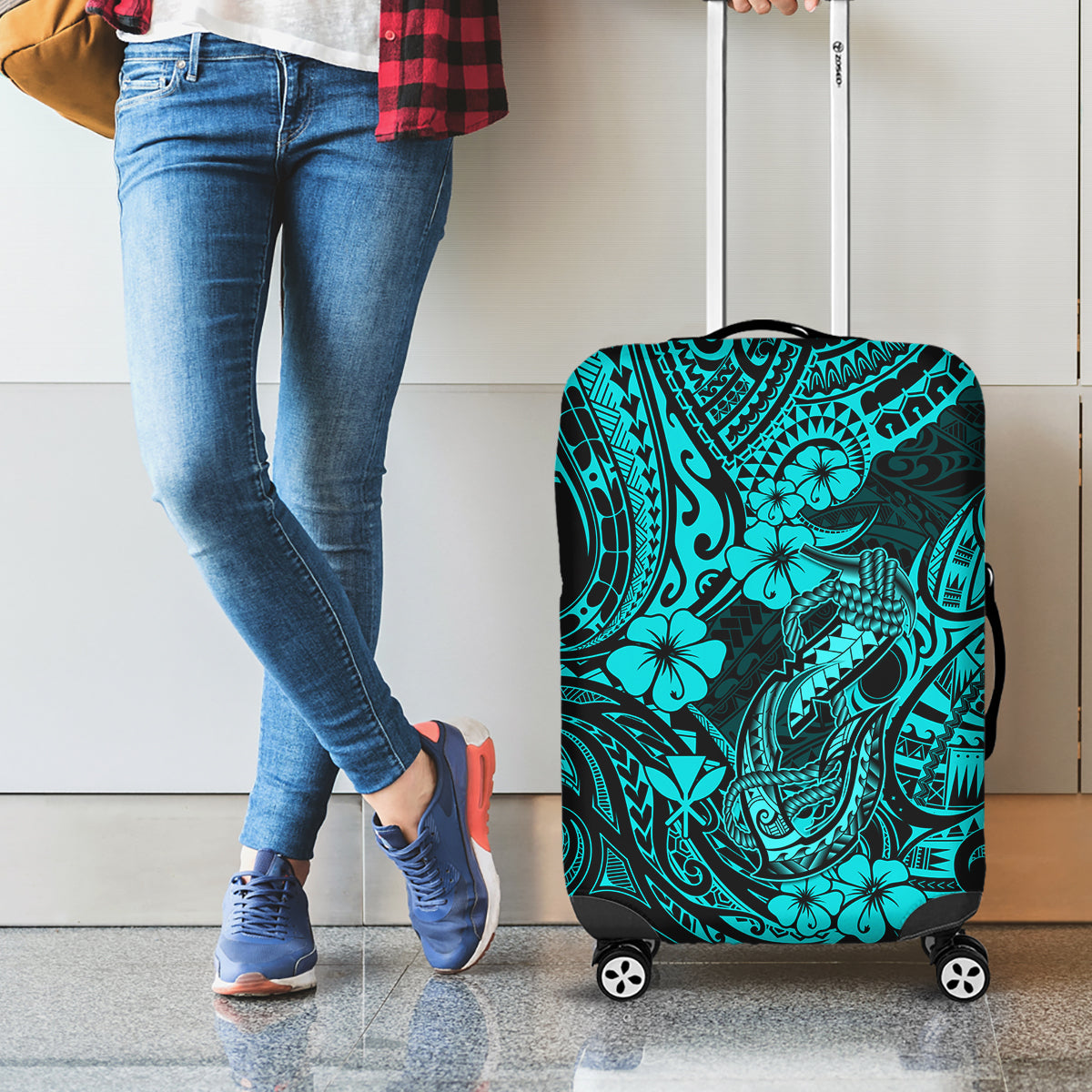 Hawaii Fish Hook Luggage Cover Hibiscus Hawaii Tribal Tattoo Turquoise Version - Wonder Print Shop
