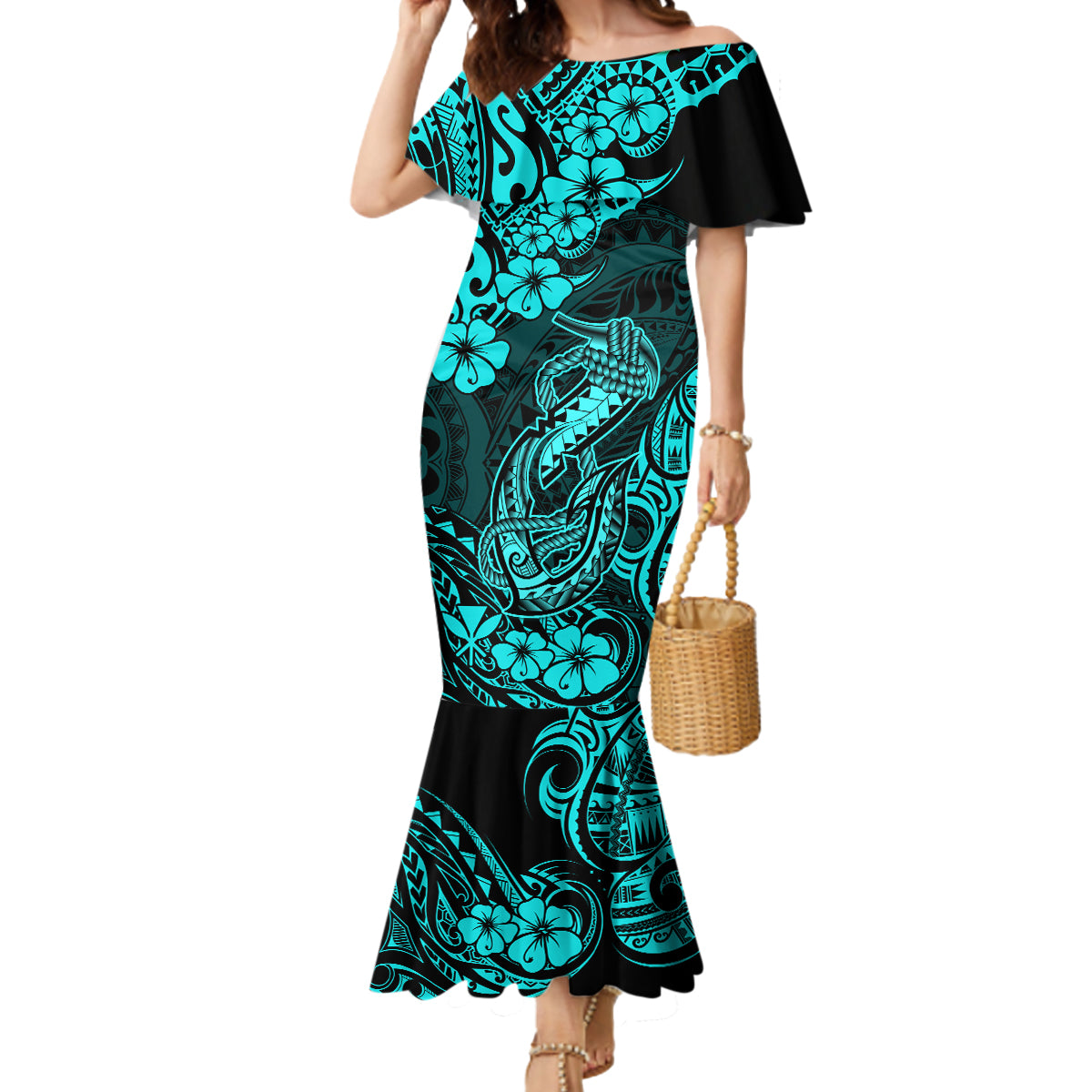 Hawaii Fish Hook Mermaid Dress Hibiscus Hawaii Tribal Tattoo Turquoise Version - Wonder Print Shop