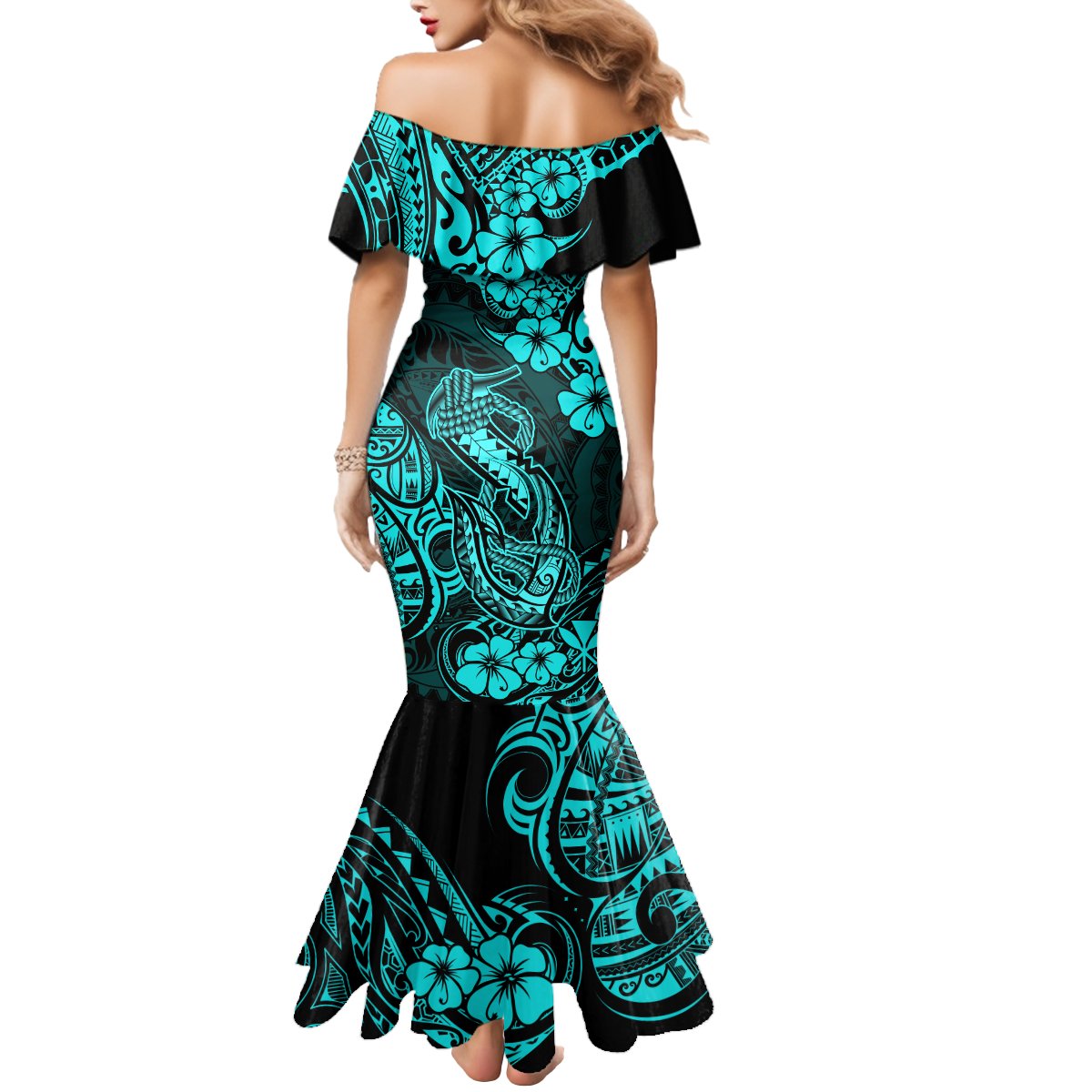 Hawaii Fish Hook Mermaid Dress Hibiscus Hawaii Tribal Tattoo Turquoise Version - Wonder Print Shop