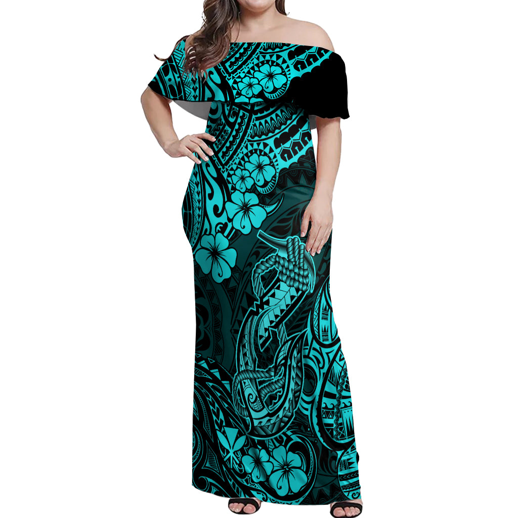 Hawaii Fish Hook Off Shoulder Maxi Dress Hibiscus Hawaii Tribal Tattoo Turquoise Version - Wonder Print Shop