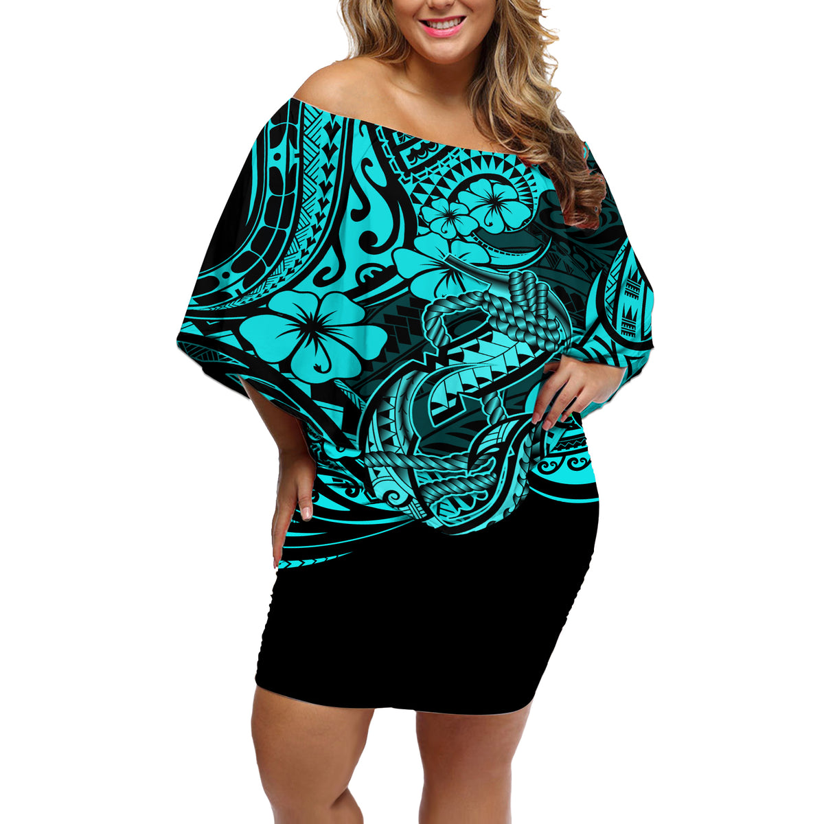 Hawaii Fish Hook Off Shoulder Short Dress Hibiscus Hawaii Tribal Tattoo Turquoise Version - Wonder Print Shop
