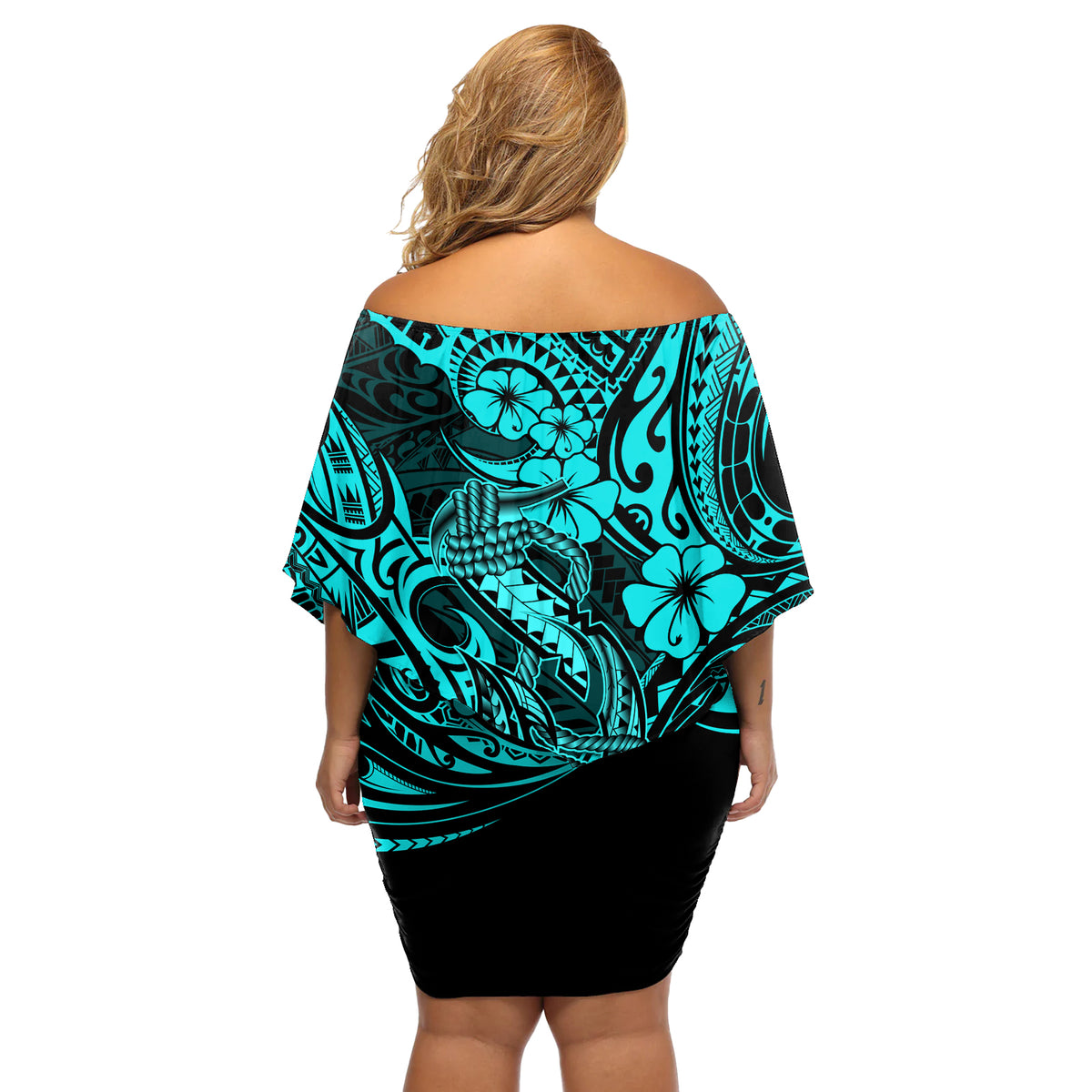 Hawaii Fish Hook Off Shoulder Short Dress Hibiscus Hawaii Tribal Tattoo Turquoise Version - Wonder Print Shop