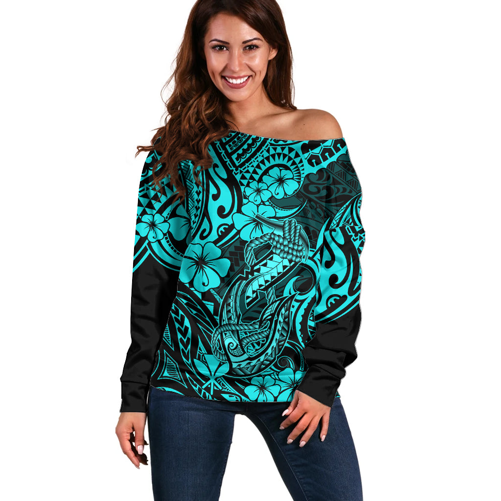 Hawaii Fish Hook Off Shoulder Sweater Hibiscus Hawaii Tribal Tattoo Turquoise Version - Wonder Print Shop