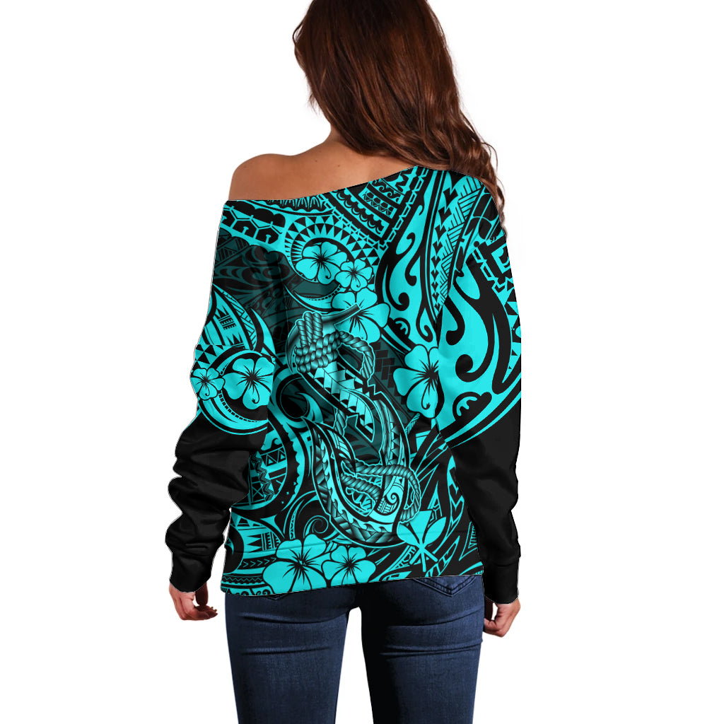 Hawaii Fish Hook Off Shoulder Sweater Hibiscus Hawaii Tribal Tattoo Turquoise Version - Wonder Print Shop