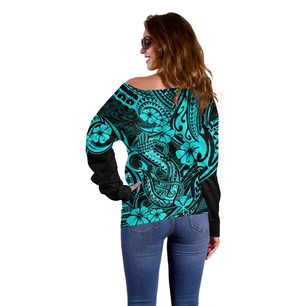Hawaii Fish Hook Off Shoulder Sweater Hibiscus Hawaii Tribal Tattoo Turquoise Version - Wonder Print Shop