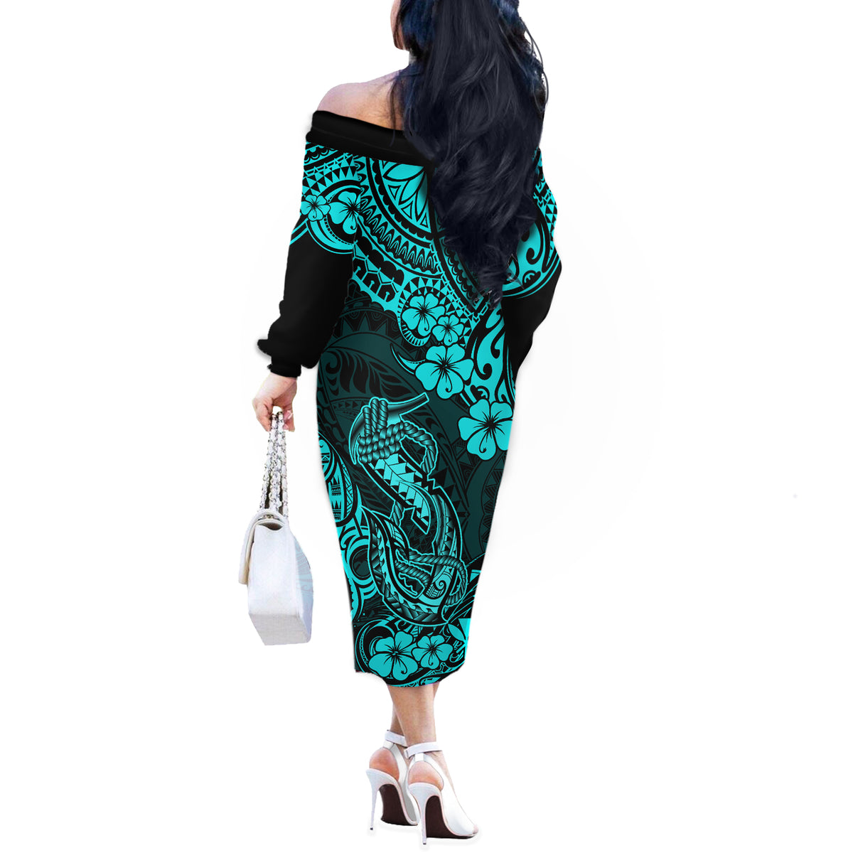 Hawaii Fish Hook Off The Shoulder Long Sleeve Dress Hibiscus Hawaii Tribal Tattoo Turquoise Version - Wonder Print Shop
