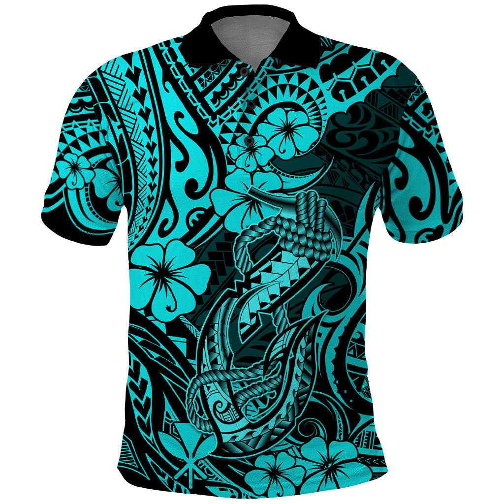 Hawaii Fish Hook Polo Shirt Hibiscus Hawaii Tribal Tattoo Turquoise Version - Wonder Print Shop