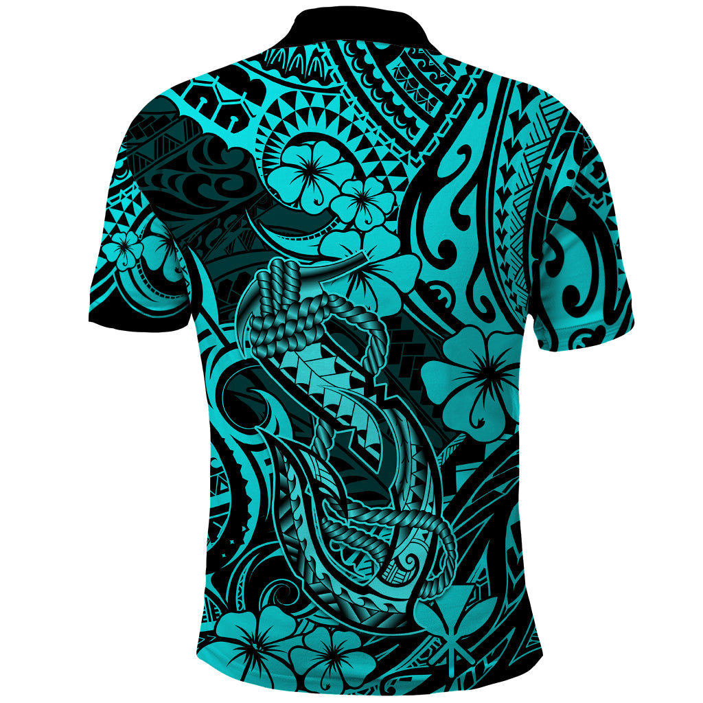 Hawaii Fish Hook Polo Shirt Hibiscus Hawaii Tribal Tattoo Turquoise Version - Wonder Print Shop