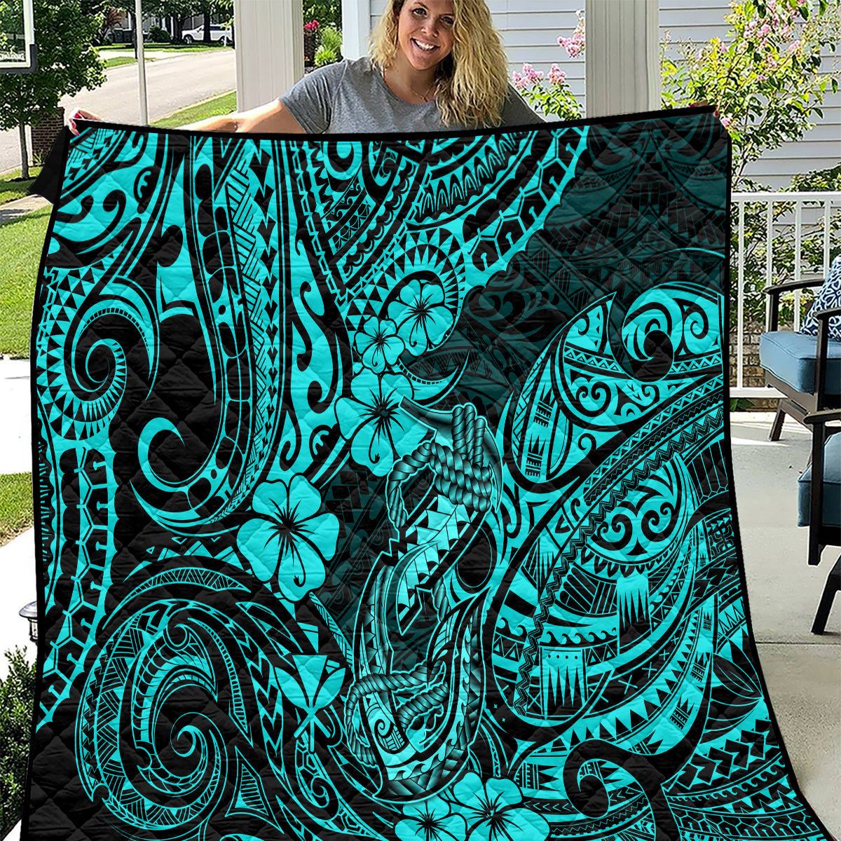 Hawaii Fish Hook Quilt Hibiscus Hawaii Tribal Tattoo Turquoise Version - Wonder Print Shop