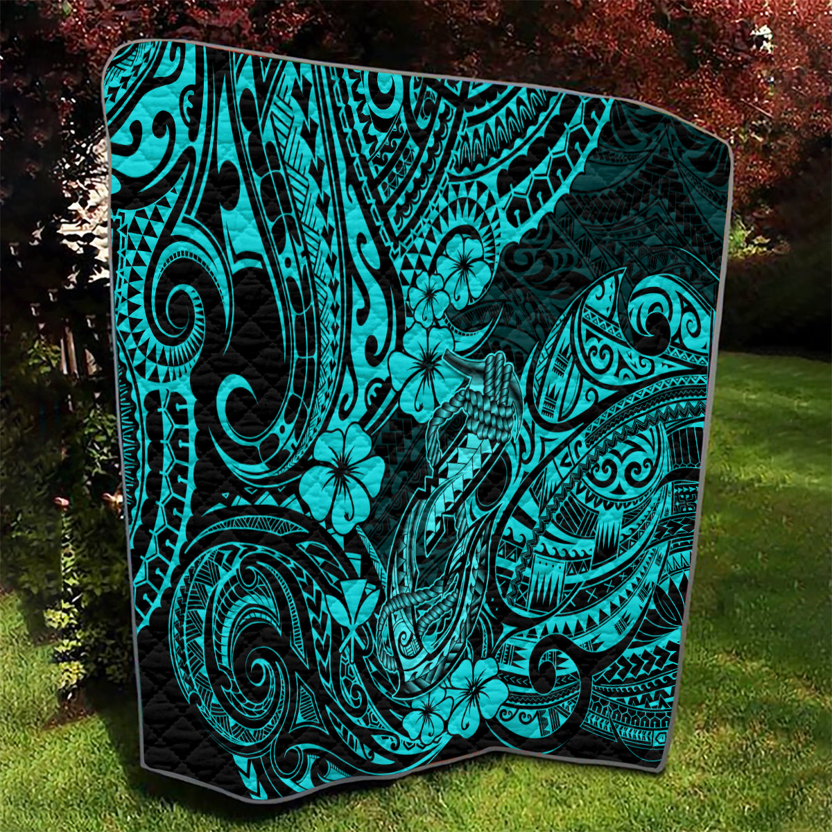 Hawaii Fish Hook Quilt Hibiscus Hawaii Tribal Tattoo Turquoise Version - Wonder Print Shop