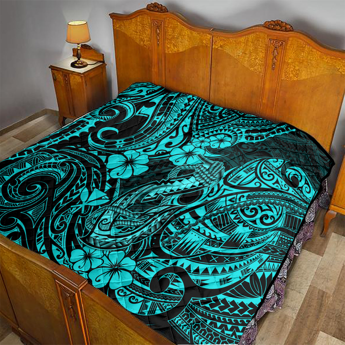 Hawaii Fish Hook Quilt Hibiscus Hawaii Tribal Tattoo Turquoise Version - Wonder Print Shop