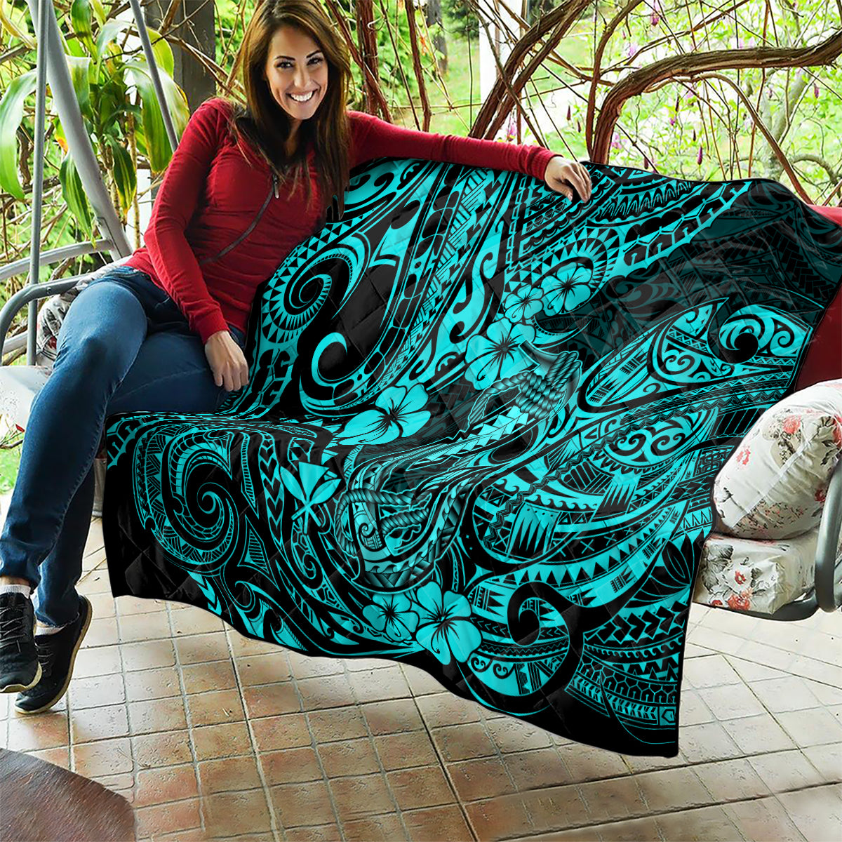 Hawaii Fish Hook Quilt Hibiscus Hawaii Tribal Tattoo Turquoise Version - Wonder Print Shop