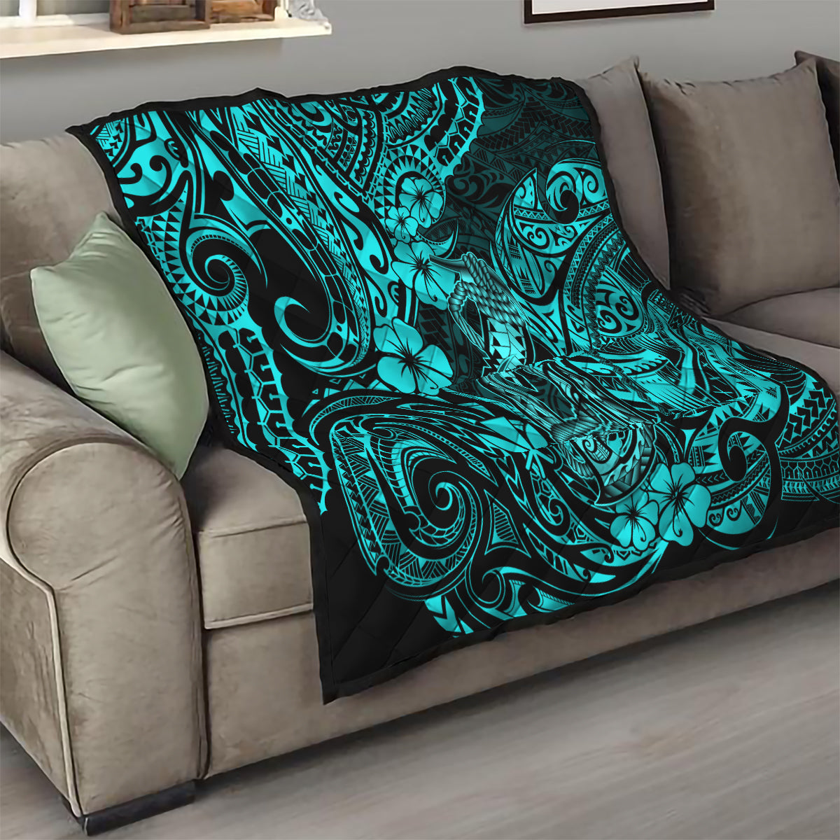Hawaii Fish Hook Quilt Hibiscus Hawaii Tribal Tattoo Turquoise Version - Wonder Print Shop
