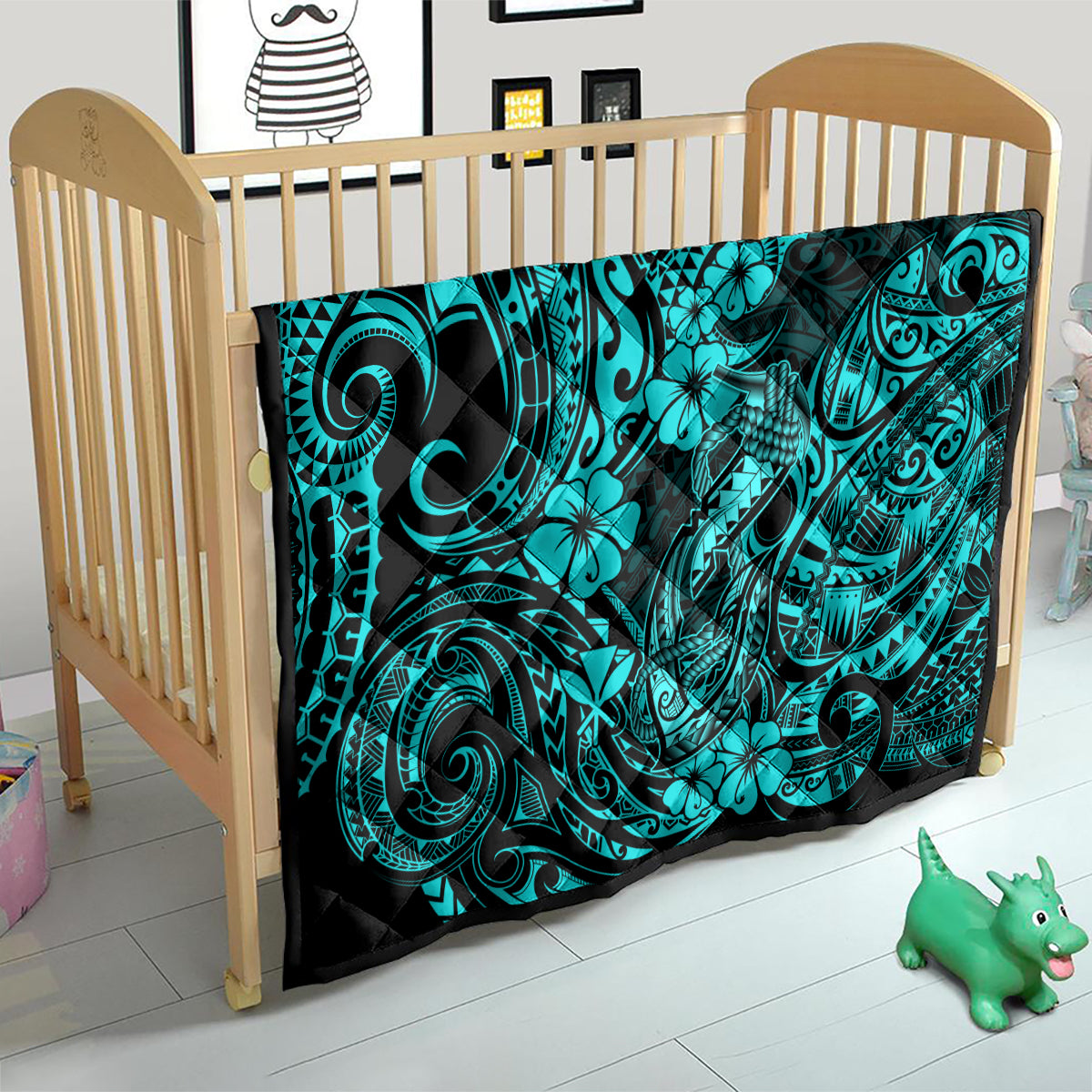 Hawaii Fish Hook Quilt Hibiscus Hawaii Tribal Tattoo Turquoise Version - Wonder Print Shop