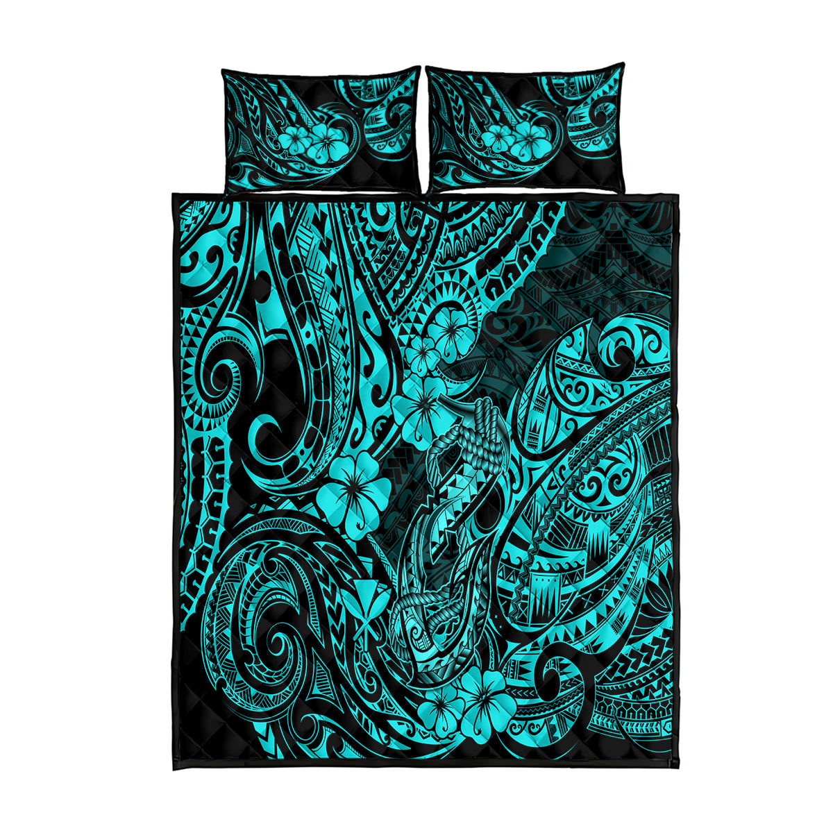Hawaii Fish Hook Quilt Bed Set Hibiscus Hawaii Tribal Tattoo Turquoise Version - Wonder Print Shop