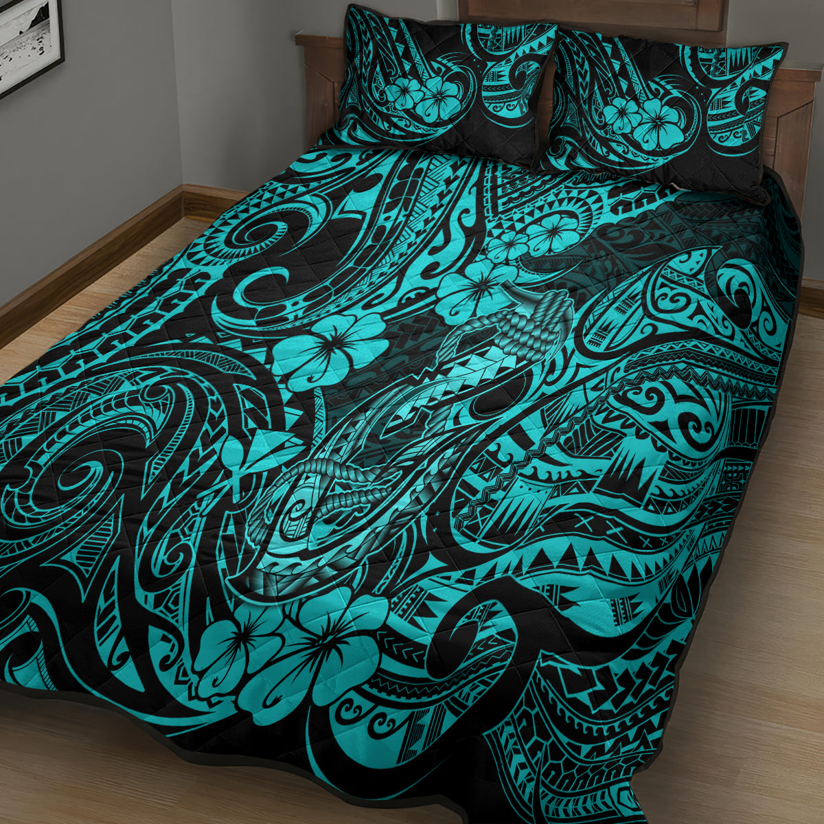 Hawaii Fish Hook Quilt Bed Set Hibiscus Hawaii Tribal Tattoo Turquoise Version - Wonder Print Shop