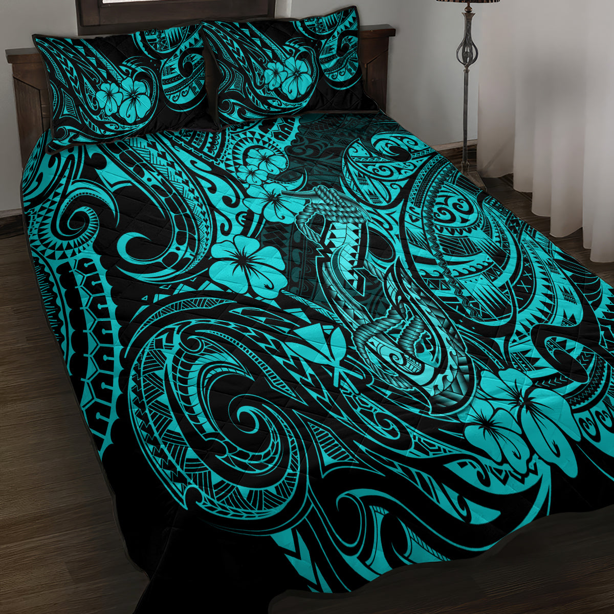 Hawaii Fish Hook Quilt Bed Set Hibiscus Hawaii Tribal Tattoo Turquoise Version - Wonder Print Shop