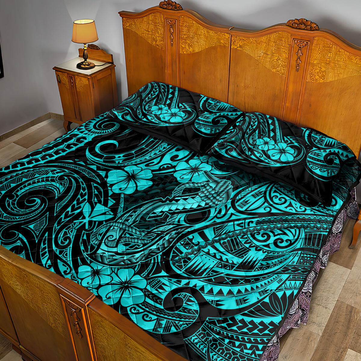 Hawaii Fish Hook Quilt Bed Set Hibiscus Hawaii Tribal Tattoo Turquoise Version - Wonder Print Shop