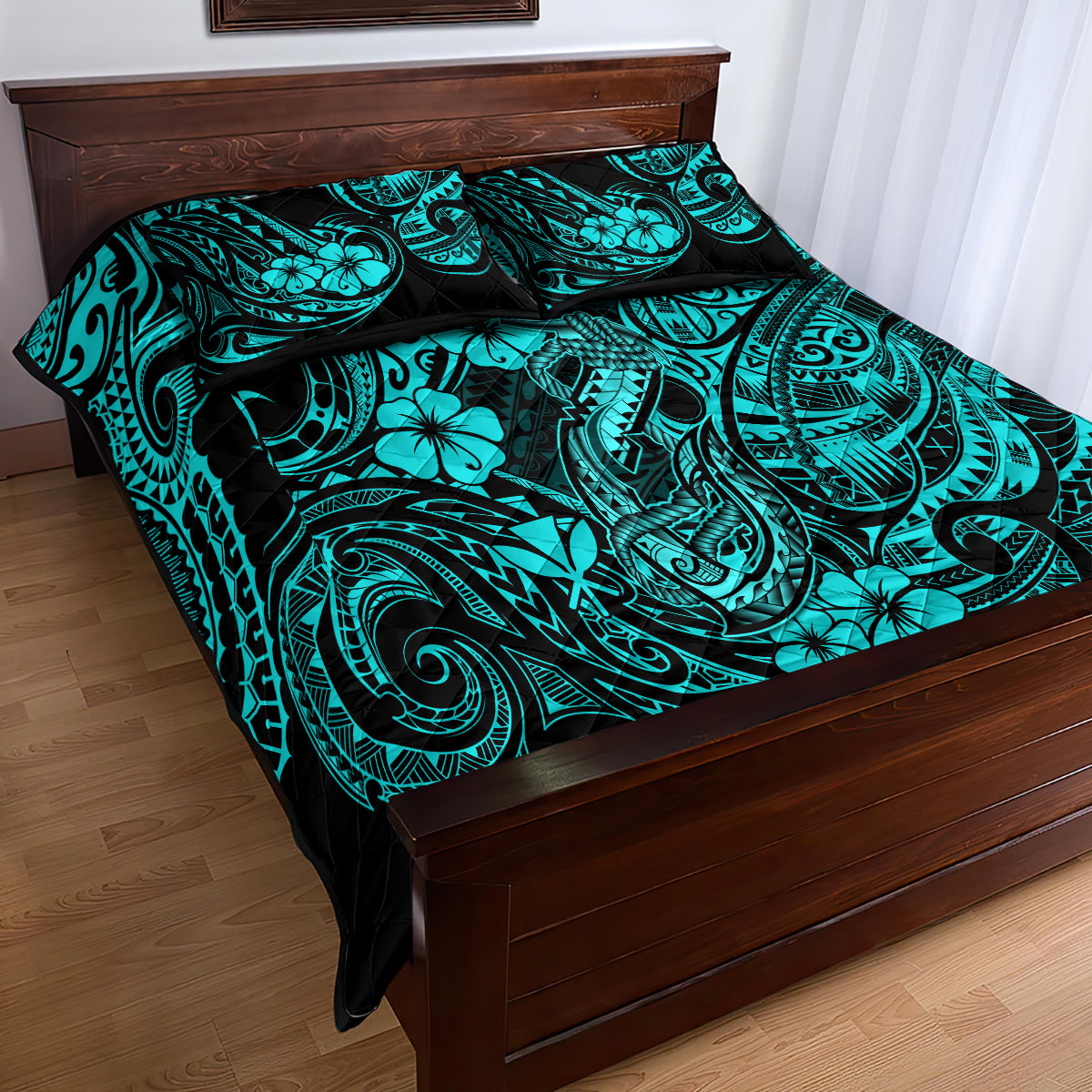Hawaii Fish Hook Quilt Bed Set Hibiscus Hawaii Tribal Tattoo Turquoise Version - Wonder Print Shop