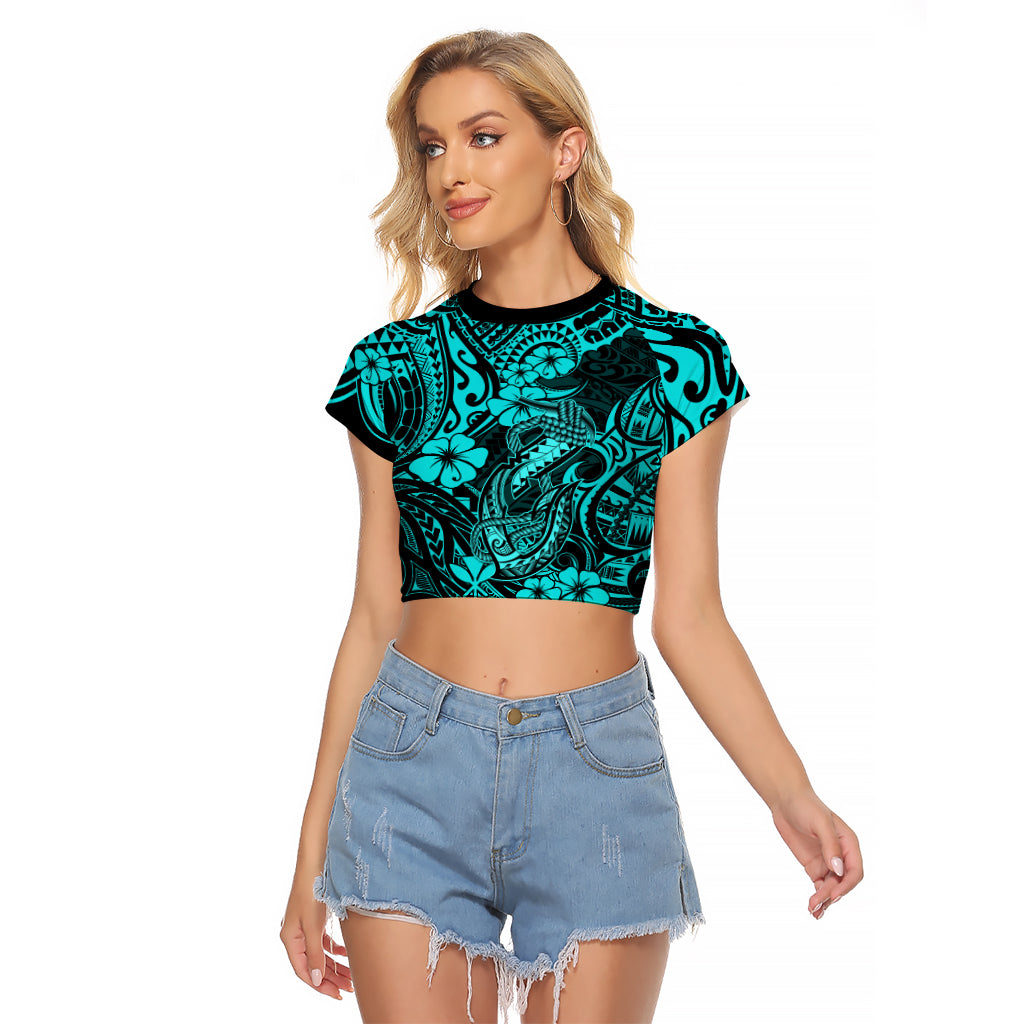 Hawaii Fish Hook Raglan Cropped T Shirt Hibiscus Hawaii Tribal Tattoo Turquoise Version - Wonder Print Shop