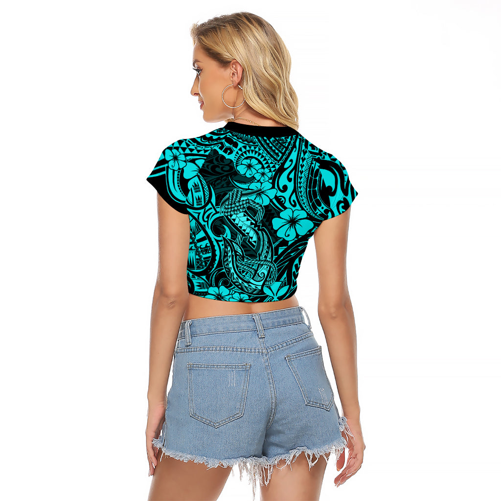 Hawaii Fish Hook Raglan Cropped T Shirt Hibiscus Hawaii Tribal Tattoo Turquoise Version - Wonder Print Shop