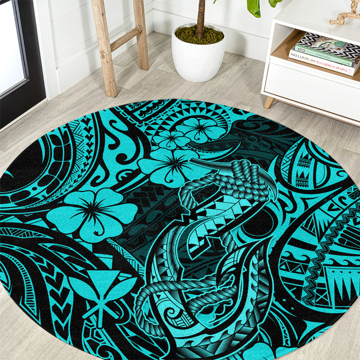 hawaii-fish-hook-round-carpet-hibiscus-hawaii-tribal-tattoo-turquoise-version