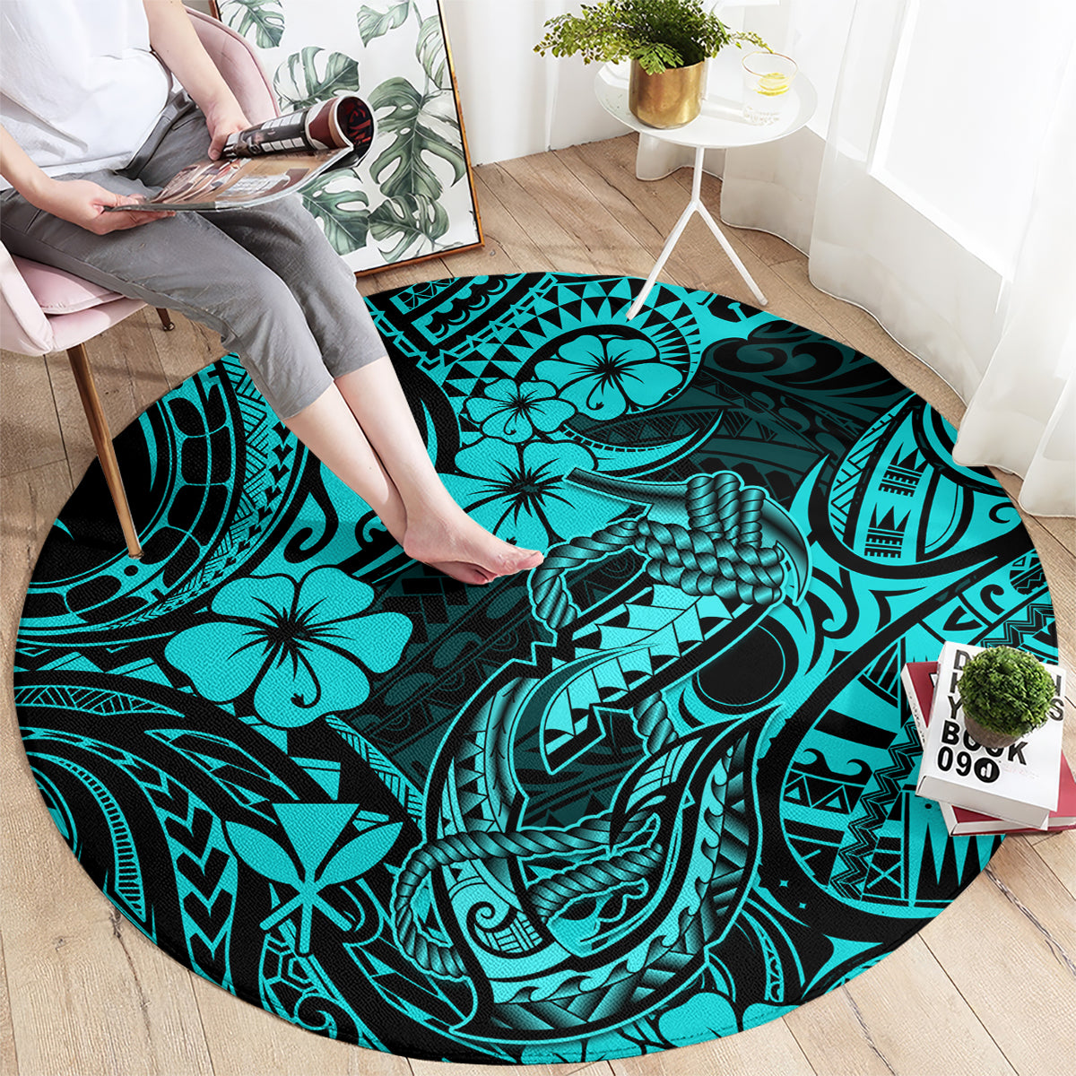 hawaii-fish-hook-round-carpet-hibiscus-hawaii-tribal-tattoo-turquoise-version