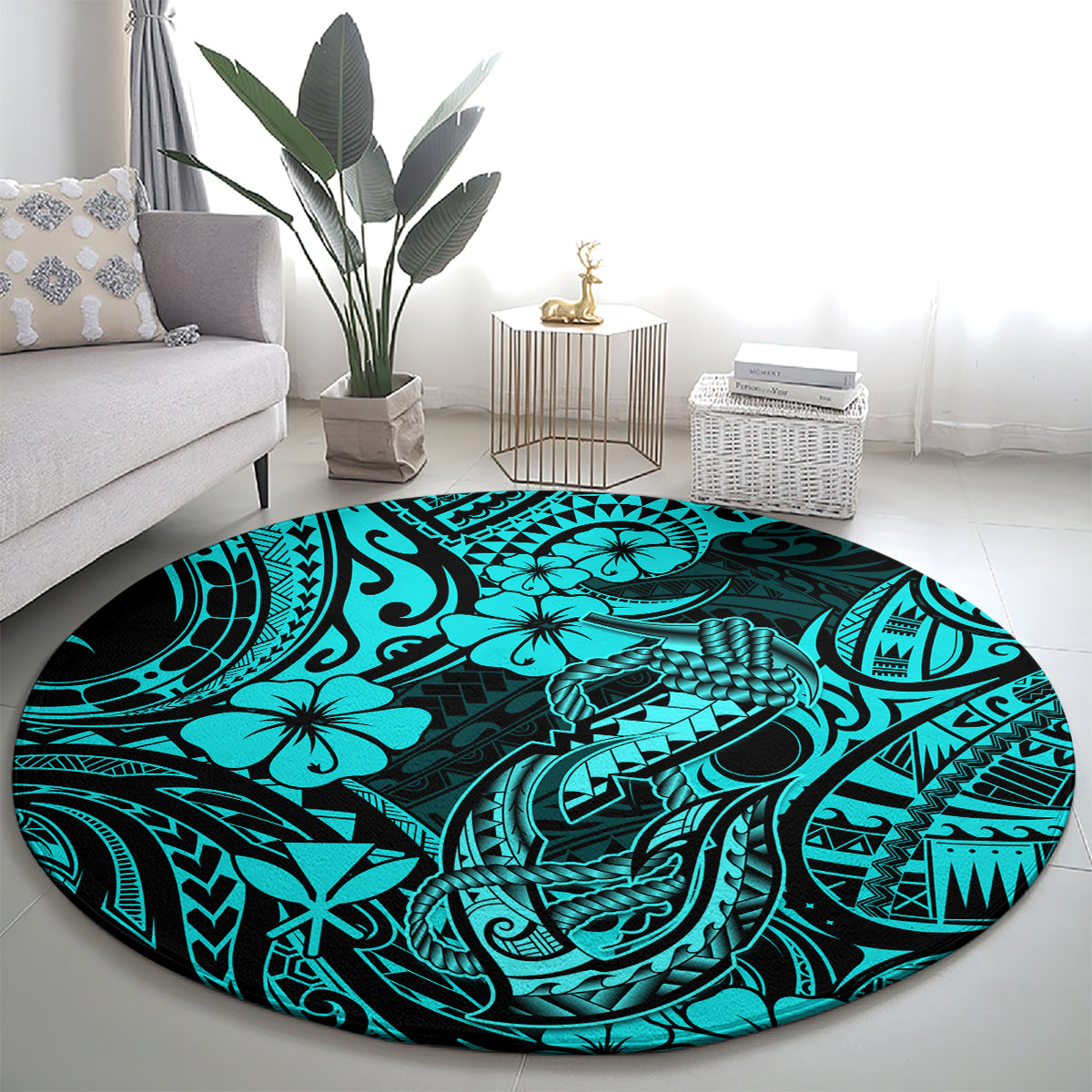 hawaii-fish-hook-round-carpet-hibiscus-hawaii-tribal-tattoo-turquoise-version