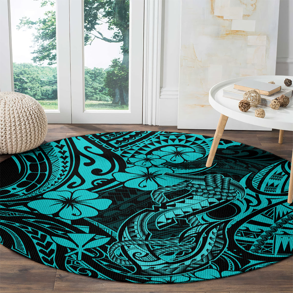 hawaii-fish-hook-round-carpet-hibiscus-hawaii-tribal-tattoo-turquoise-version