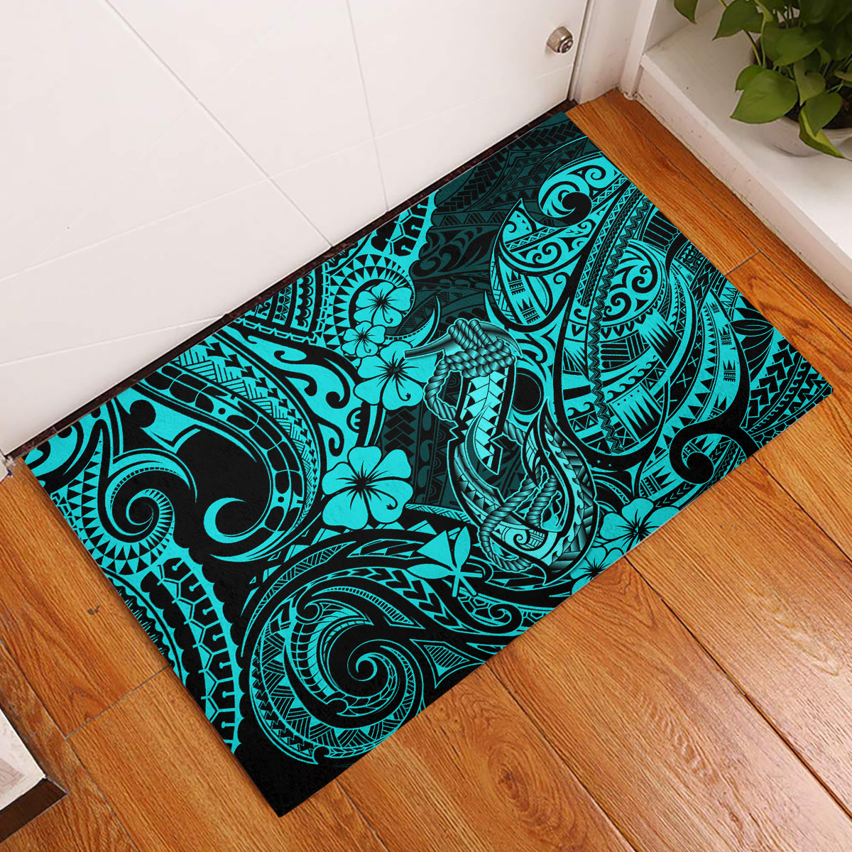 Hawaii Fish Hook Rubber Doormat Hibiscus Hawaii Tribal Tattoo Turquoise Version - Wonder Print Shop