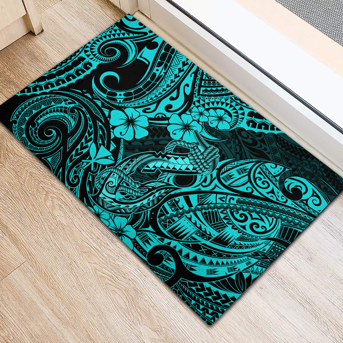 Hawaii Fish Hook Rubber Doormat Hibiscus Hawaii Tribal Tattoo Turquoise Version - Wonder Print Shop