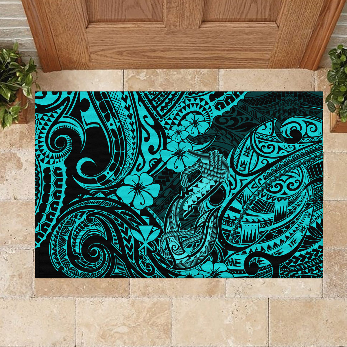 Hawaii Fish Hook Rubber Doormat Hibiscus Hawaii Tribal Tattoo Turquoise Version - Wonder Print Shop