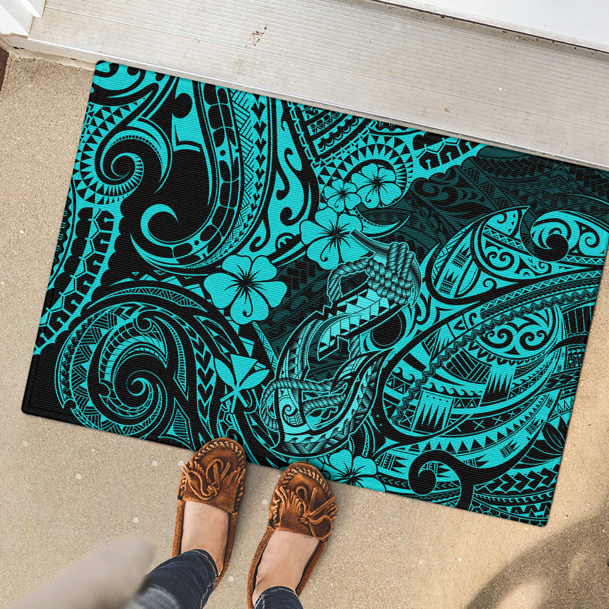 Hawaii Fish Hook Rubber Doormat Hibiscus Hawaii Tribal Tattoo Turquoise Version - Wonder Print Shop