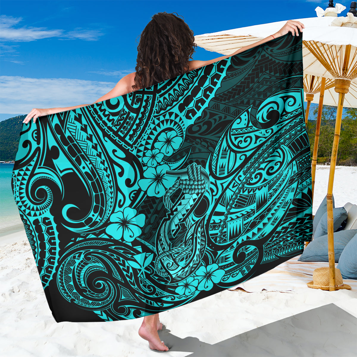 Hawaii Fish Hook Sarong Hibiscus Hawaii Tribal Tattoo Turquoise Version - Wonder Print Shop