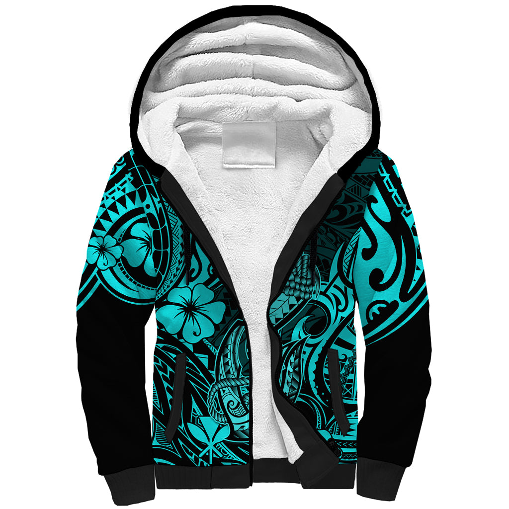 Hawaii Fish Hook Sherpa Hoodie Hibiscus Hawaii Tribal Tattoo Turquoise Version - Wonder Print Shop