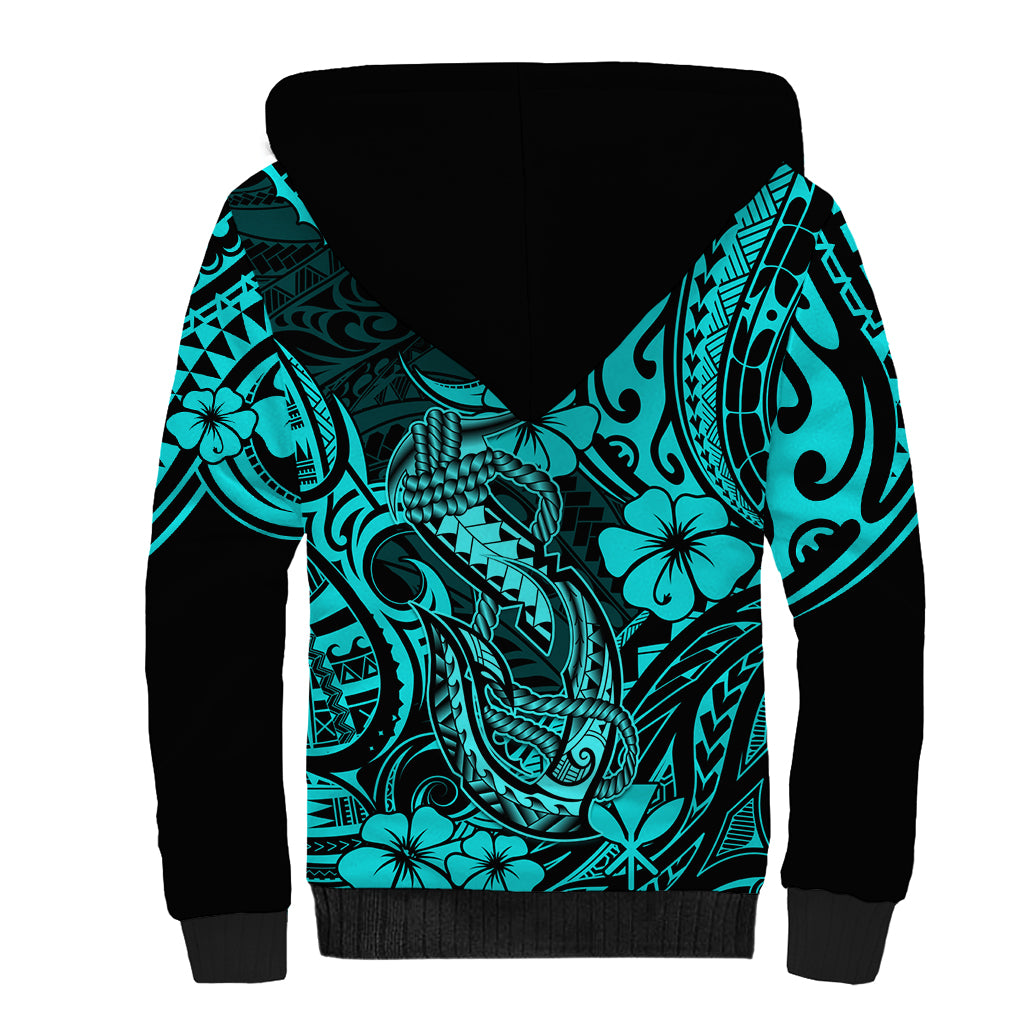 Hawaii Fish Hook Sherpa Hoodie Hibiscus Hawaii Tribal Tattoo Turquoise Version - Wonder Print Shop