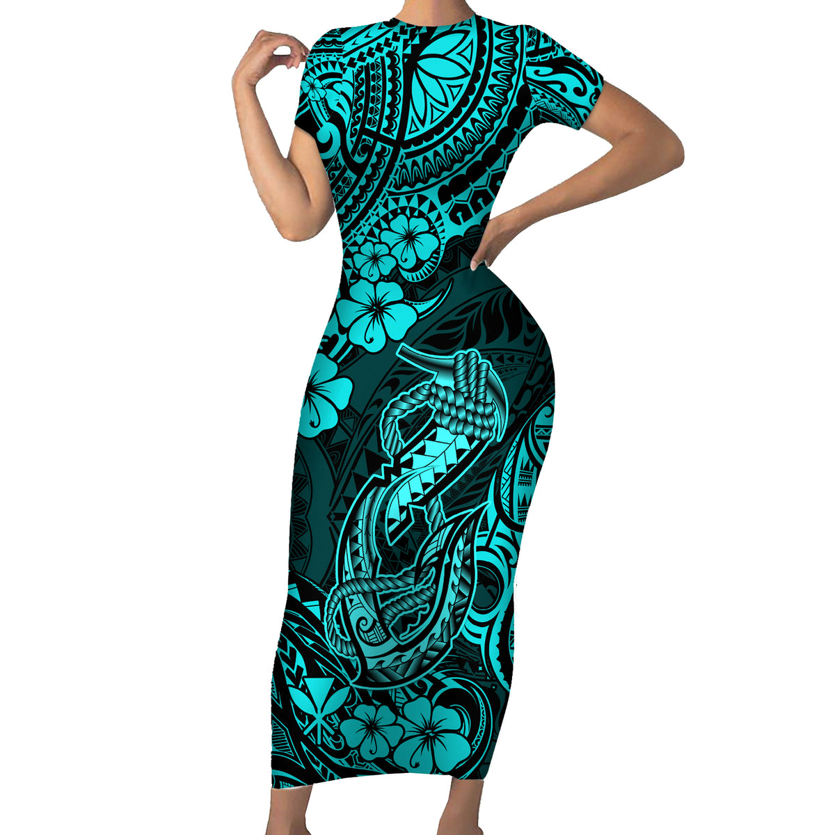 Hawaii Fish Hook Short Sleeve Bodycon Dress Hibiscus Hawaii Tribal Tattoo Turquoise Version - Wonder Print Shop