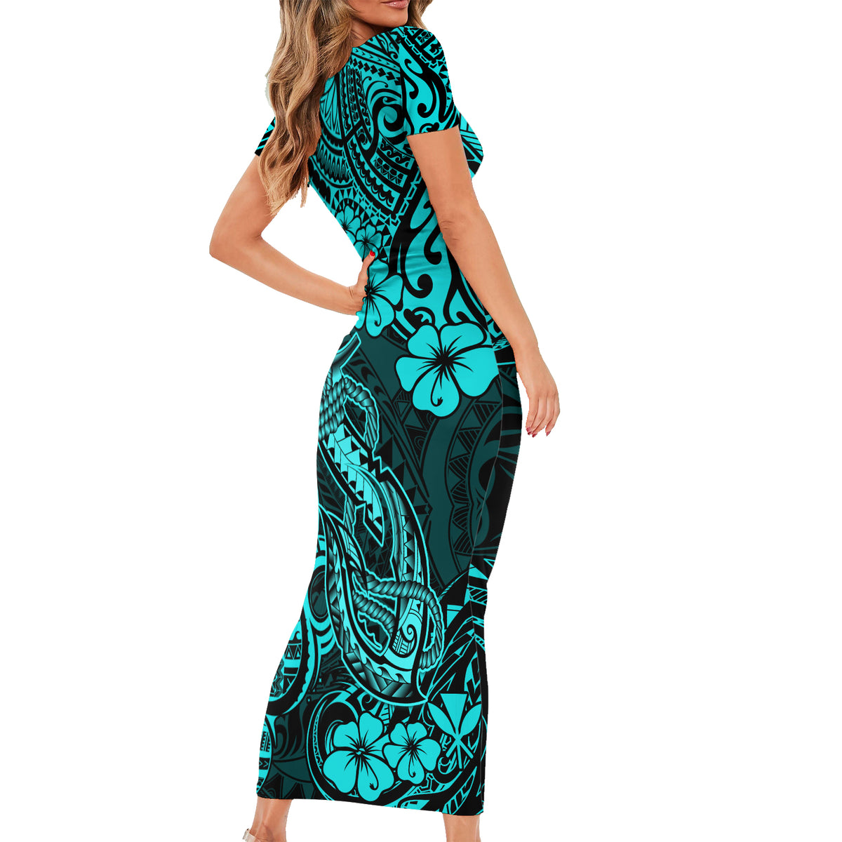 Hawaii Fish Hook Short Sleeve Bodycon Dress Hibiscus Hawaii Tribal Tattoo Turquoise Version - Wonder Print Shop