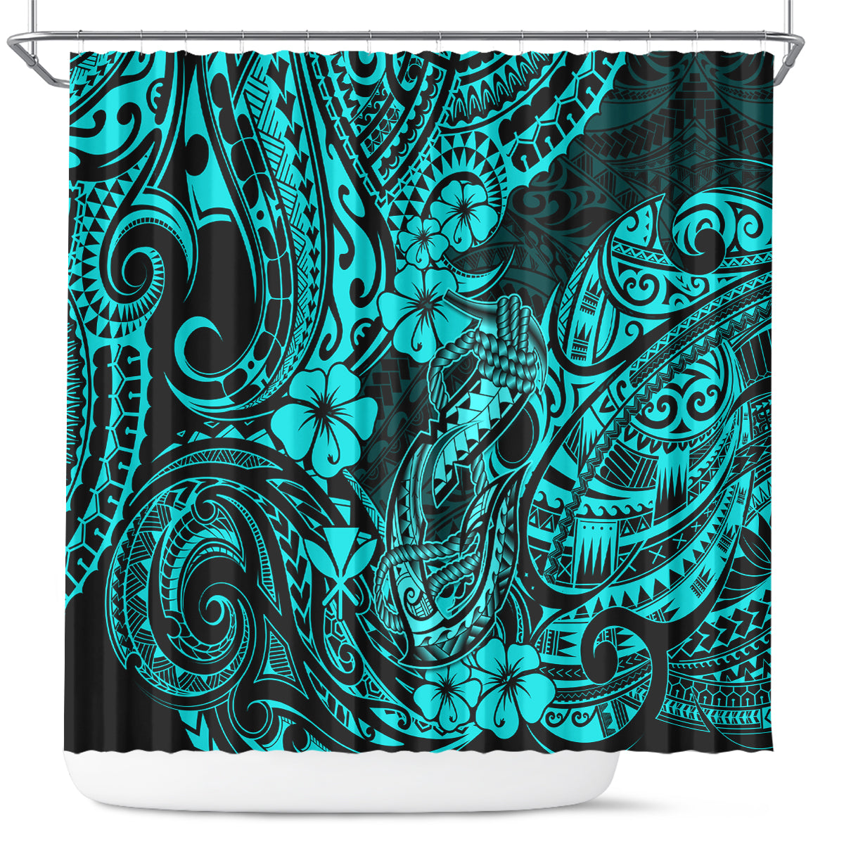 hawaii-fish-hook-shower-curtain-hibiscus-hawaii-tribal-tattoo-turquoise-version