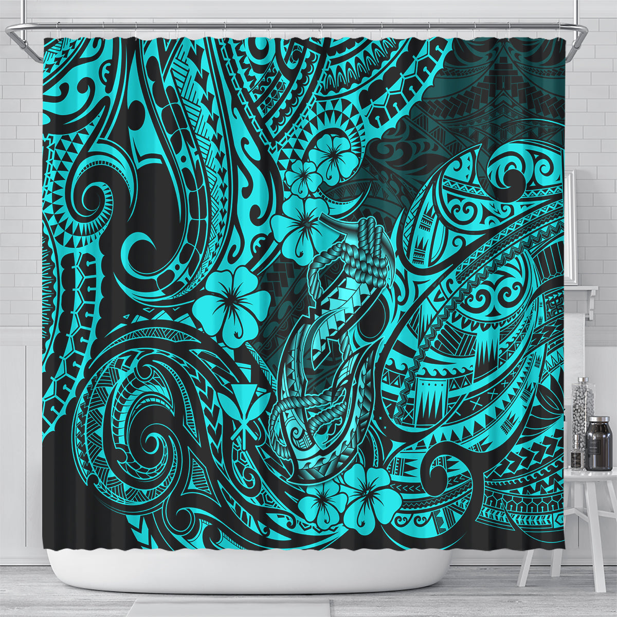 hawaii-fish-hook-shower-curtain-hibiscus-hawaii-tribal-tattoo-turquoise-version