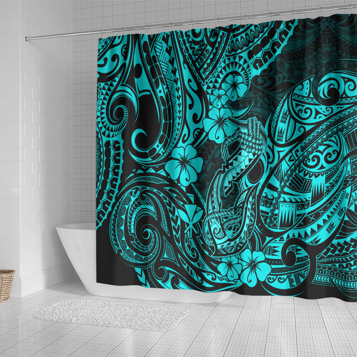 hawaii-fish-hook-shower-curtain-hibiscus-hawaii-tribal-tattoo-turquoise-version