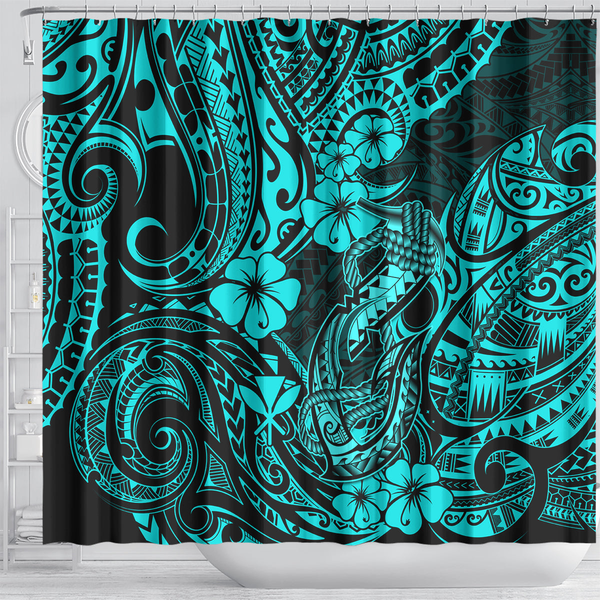 hawaii-fish-hook-shower-curtain-hibiscus-hawaii-tribal-tattoo-turquoise-version
