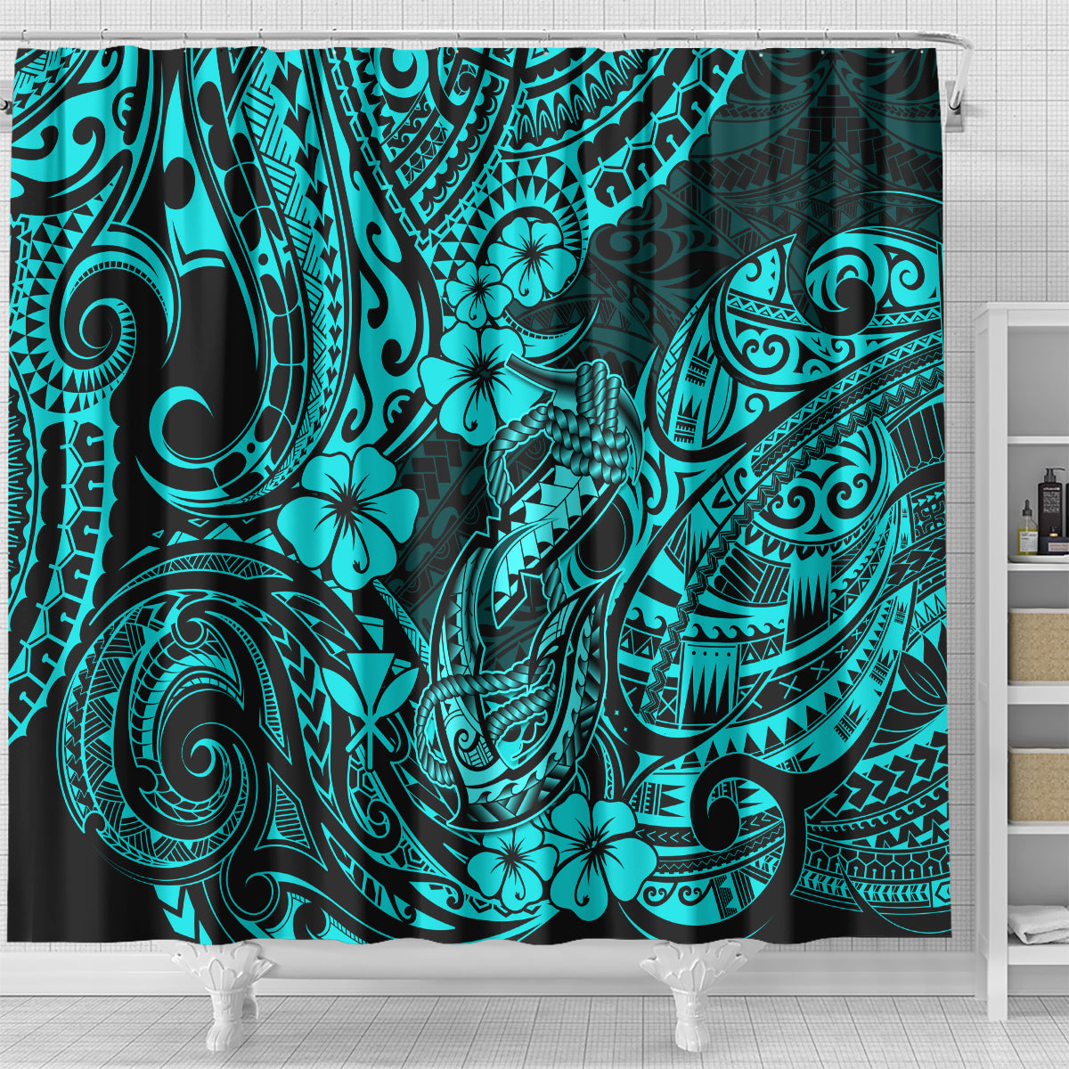 hawaii-fish-hook-shower-curtain-hibiscus-hawaii-tribal-tattoo-turquoise-version