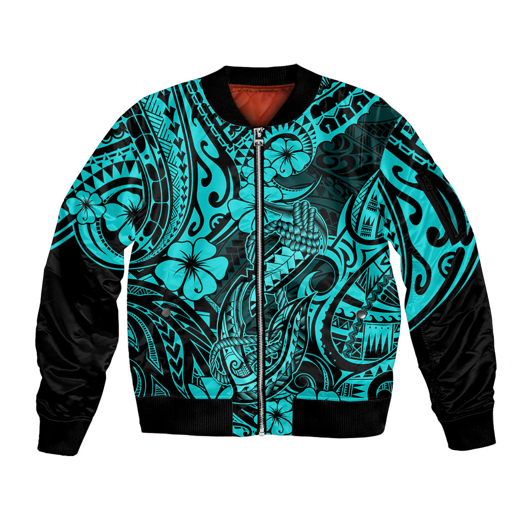 Hawaii Fish Hook Sleeve Zip Bomber Jacket Hibiscus Hawaii Tribal Tattoo Turquoise Version - Wonder Print Shop